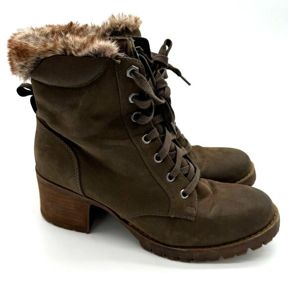 Steve Madden Comfort Combat Faux Fur Lace up Zip Chunky Heel Olive Boots 10 - Picture 1 of 5